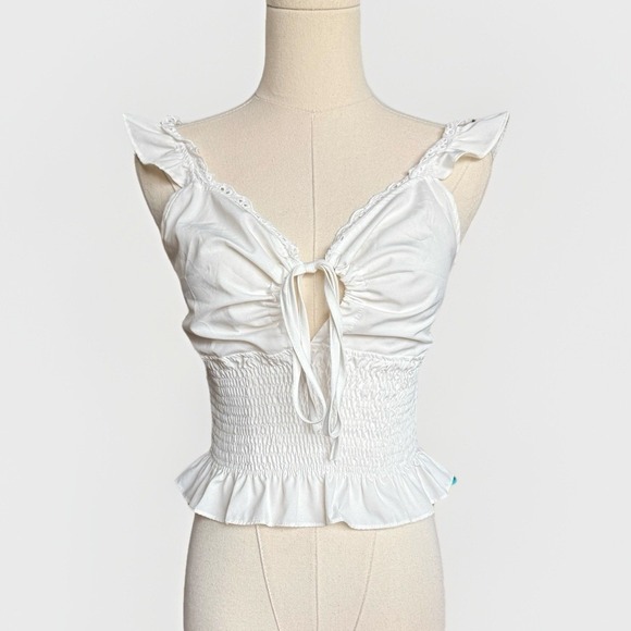 The Unbranded Brand Tops - Coquette Ruffle Babydoll Top M Romantic Y2K Boho Fairy Keyhole Tie White V-Neck
